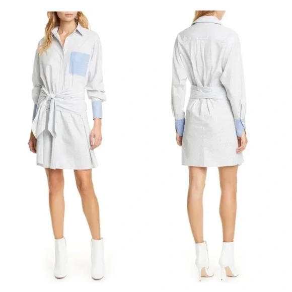 New! FRAME Striped Belted Wrap Shirt Dress - Picture 2 of 9